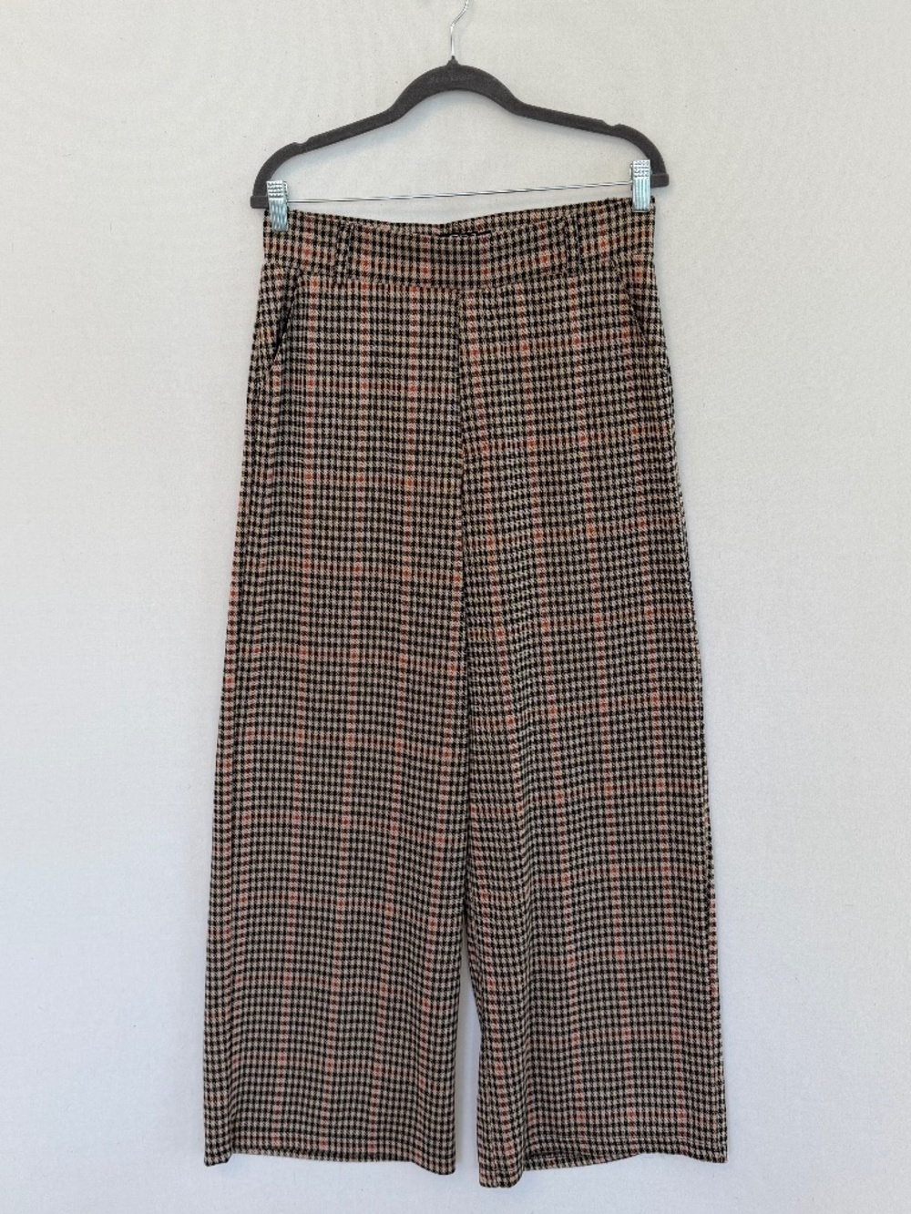 BBJ Los Angeles Women’s Tan & Black Plaid Check High Waisted Wide Leg Trousers